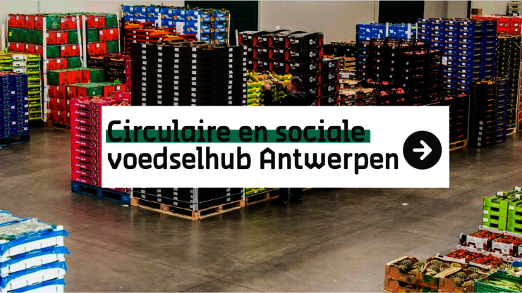 Voorpagina magazine 'Circulaire en sociale voedselhub Antwerpen'. 
Pakketten met verschillende etenswaren staan in een loods opgesteld.