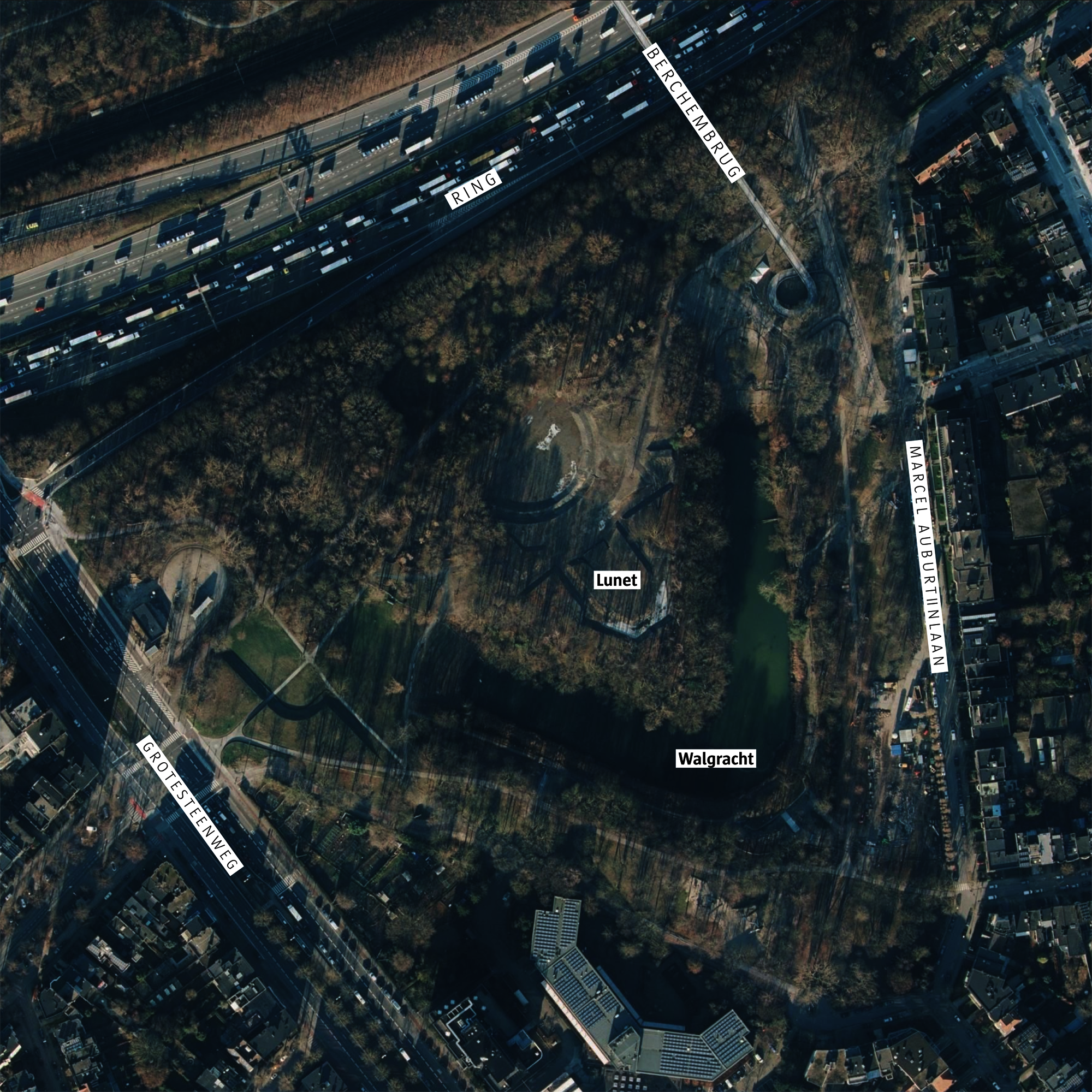 Luchtfoto Park Brialmont met aanduiding van het voormalige Lunet.