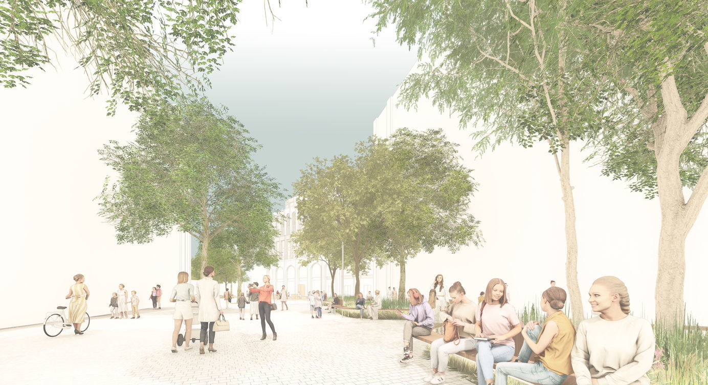 De nieuwe Meir krijgt eenzelfde duurzame materialisatie die doorloopt van gevel tot gevel. Er komen brede doorgangen en comfortabele verblijsplekken in het groen.