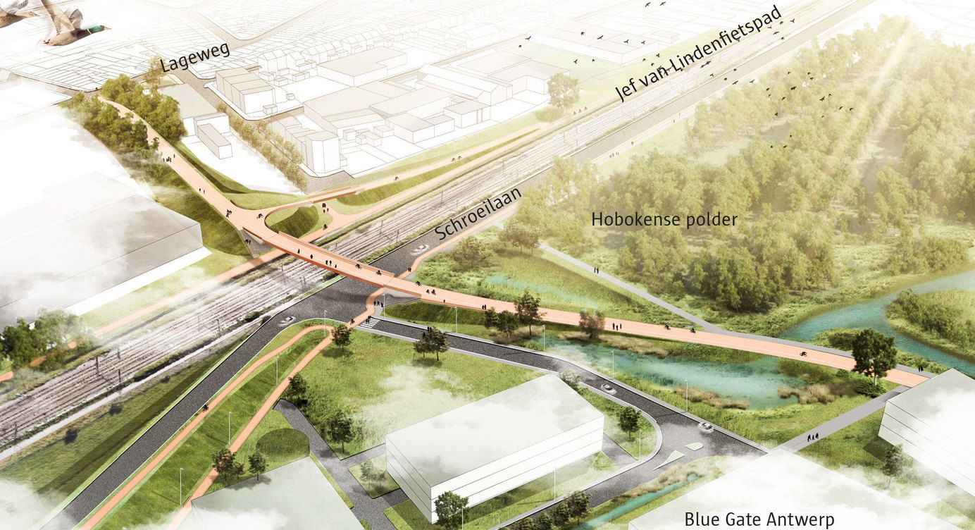Toekomstbeeld van de nieuwe fiets- en voetgangersbrug met onderaan de aansluiting op Blue Gate en bovenaan de aansluiting naar de Lageweg en het Jef Van Lindenfietspad (F13).