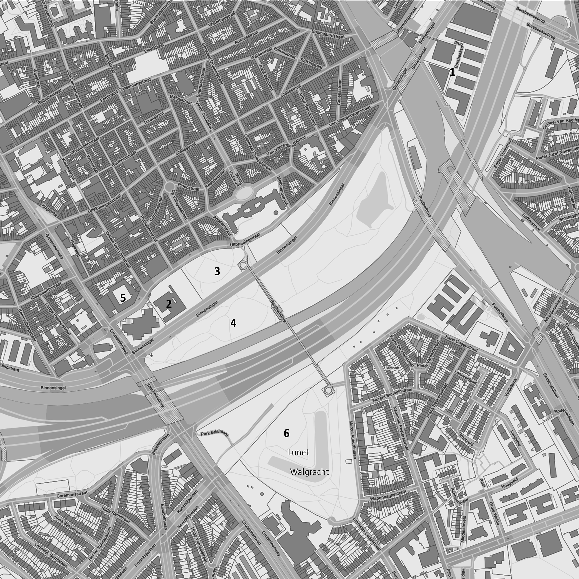 Op deze plekken gingen archeologen aan de slag. 
1. Post X
2. Basisschool kRing
3. De Villegaspark
4. Deelgebied Natuurpark Wolvenberg
5. Uitbreidingsstraat 246 of Atheneum Berchem
6. Park Brialmont lunet Brilschans