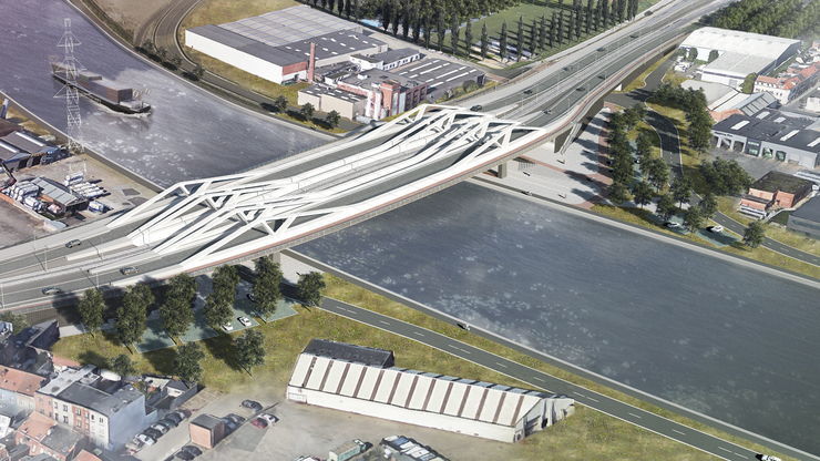 Toekomstbeeld van de nieuwe Theunisbrug met zicht op Merksem.
