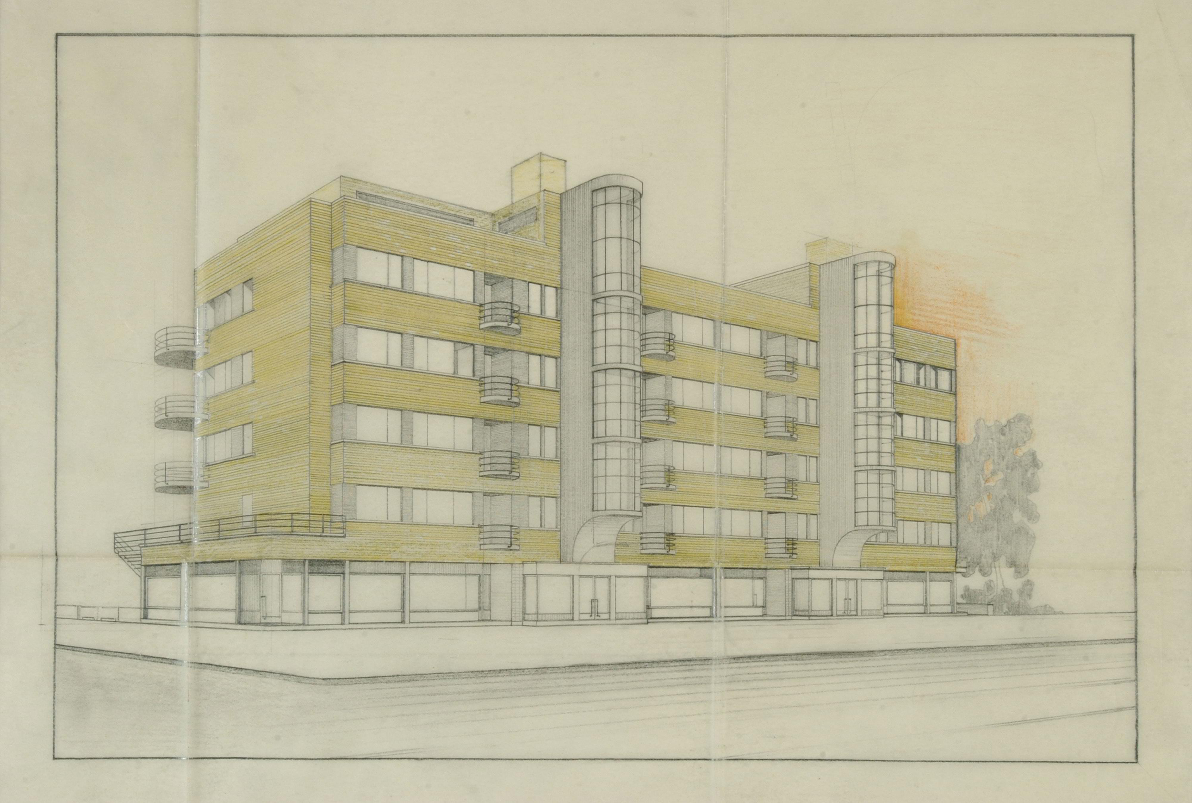 Tekening van de Résidence Elsdonck in Wilrijk. Een ontwerp van de architect Léon Stynen.