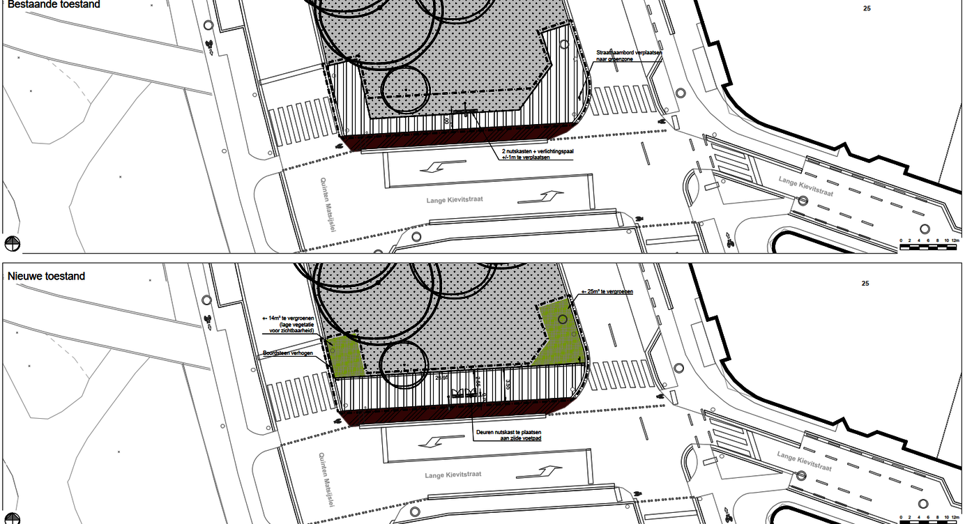 Grondplan aanpassing Quinten Matsijslei. Huidige en toekomstige toestand.