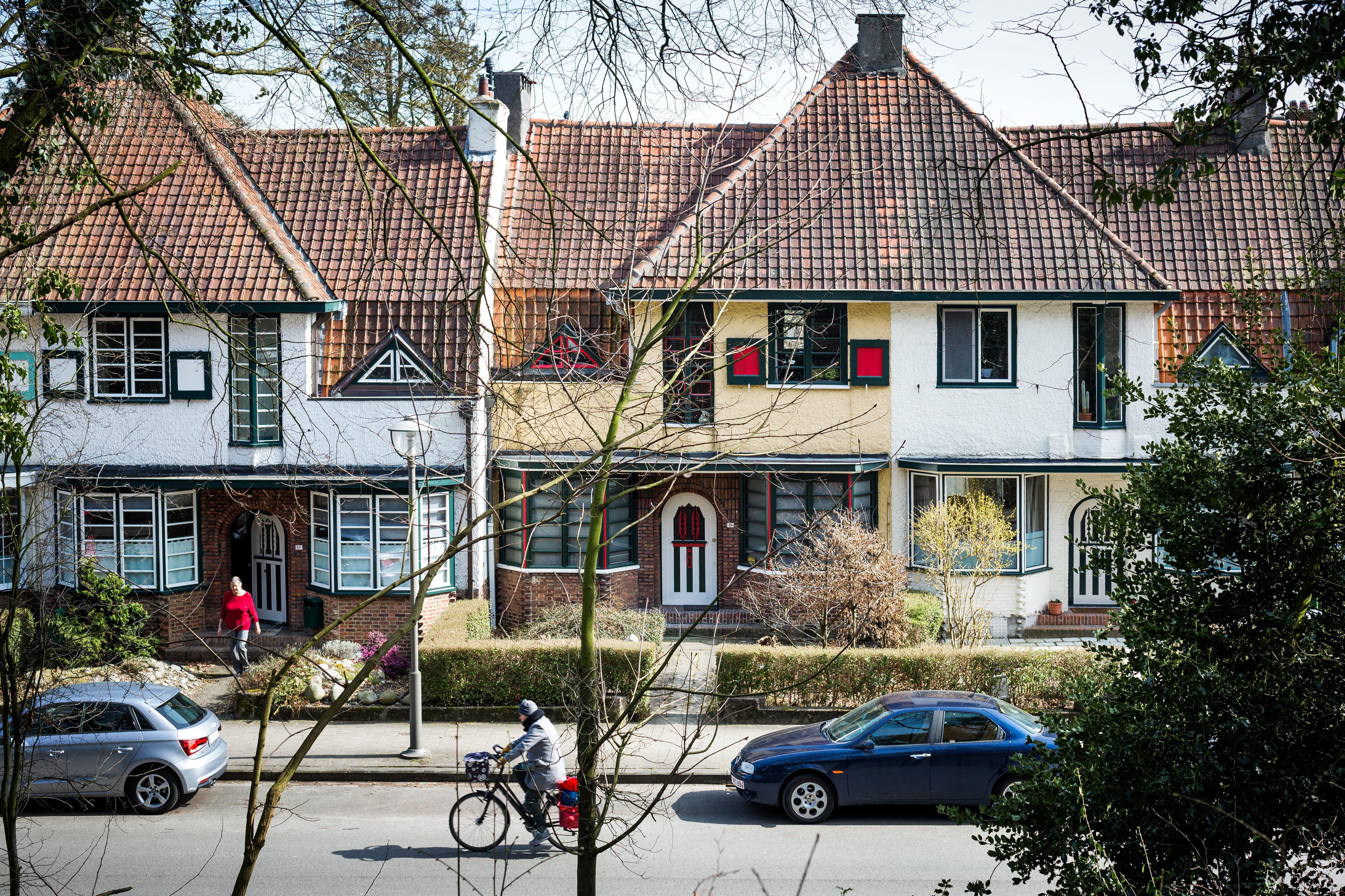 Zicht op enkele woningen vanuit het Boekenbergpark.