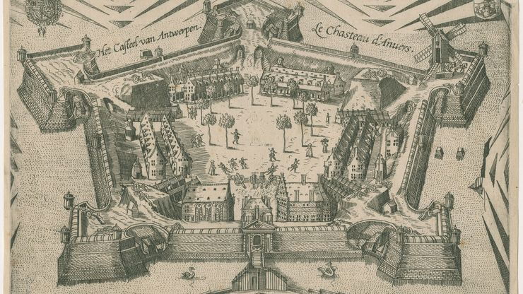 16de-eeuwse gravure van de citadel met weggevaagd standbeeld van de hertog van Alva (anoniem, na1574)