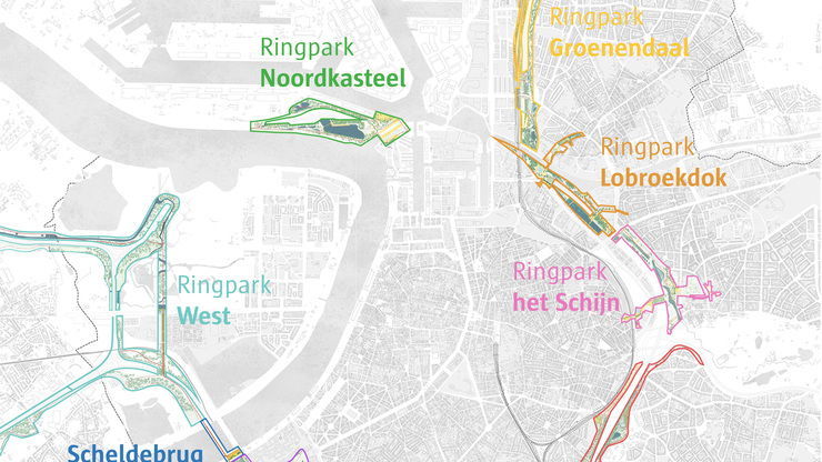 De 18 geselecteerde leefbaarheidsprojecten vormen samen deze projecten: zeven Ringparken en een Scheldebrug.
