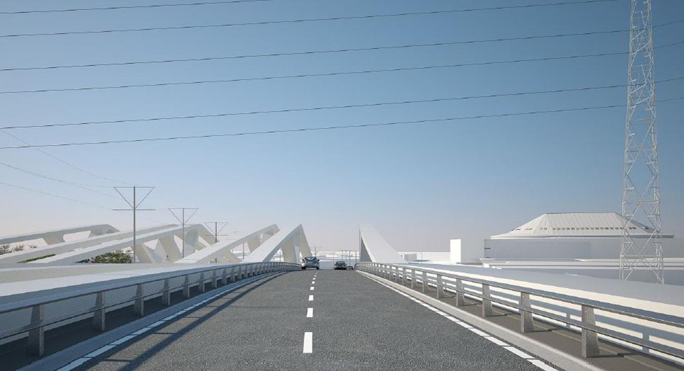 Toekomstbeeld vanop de brug, gezien vanuit een auto die naar het Sportpaleis rijdt.