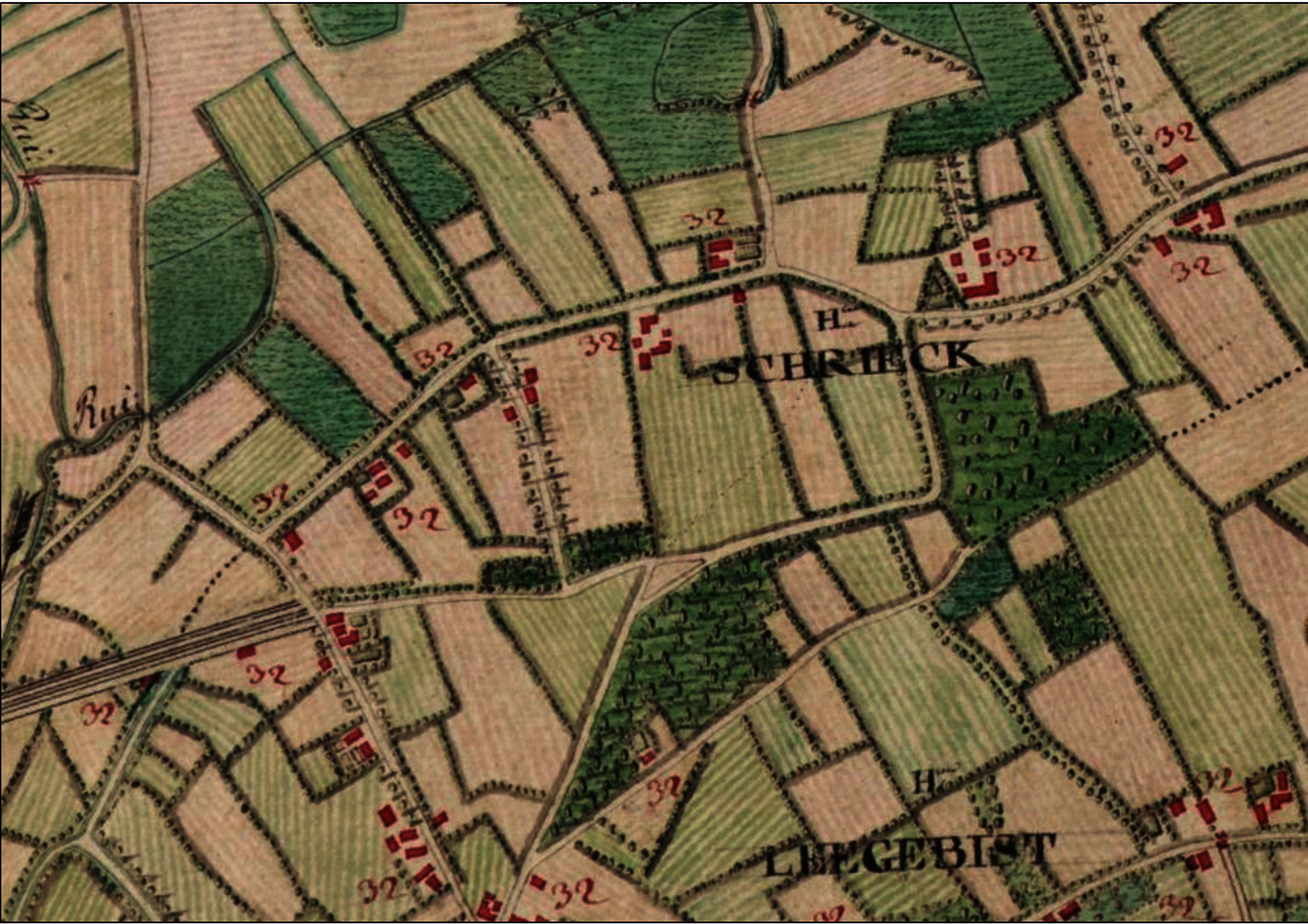 De historische kaarten, zoals het plan van graaf de Ferraris uit 1777, tonen dat het onderzoeksgebied deel uitmaakte van een sterk gecultiveerd agrarisch  landschap. De historische weg de Schriek, die zijn oorsprong
vermoedelijk in de 14de eeuw kent, loopt door het
onderzoeksgebied.