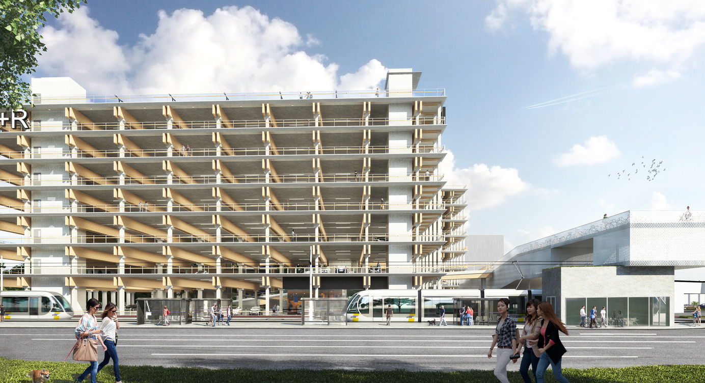 Zicht op het nieuwe Park & Ride gebouw Havana, met rechts de reeds gebouwde fietsenparking.