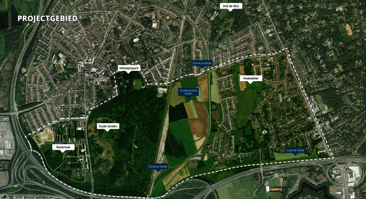 Het projectgebied Masterplan Water Oude Landen strekt zich uit van Rozemaai tot de Laarse Beek.