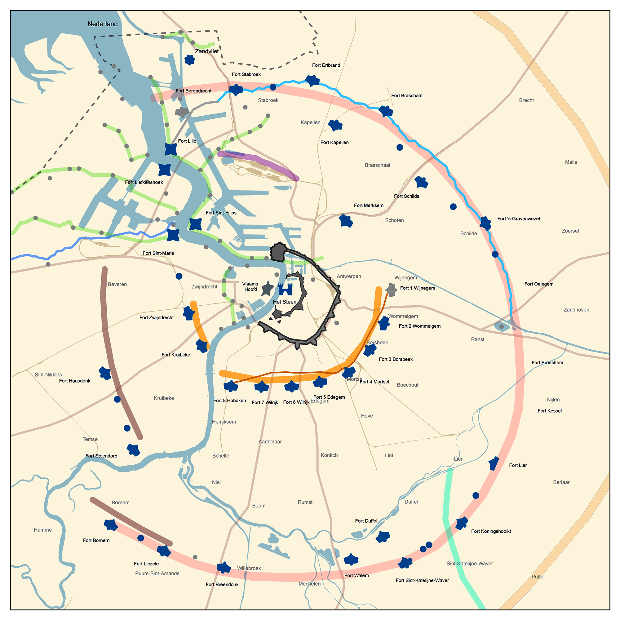 De verschillende fortengordels rond Antwerpen.