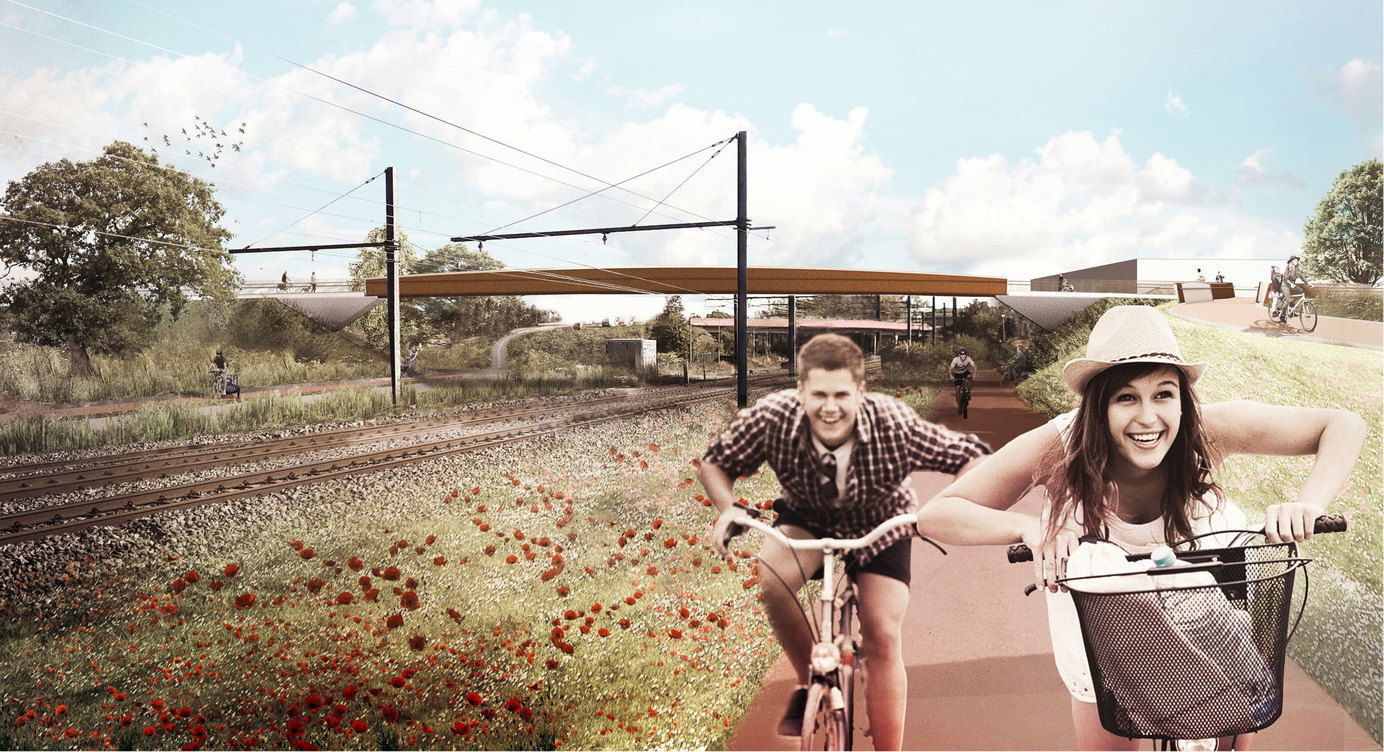 Toekomstbeeld van de nieuwe Krugerbrug vanop het Jef van Lindenfietspad.