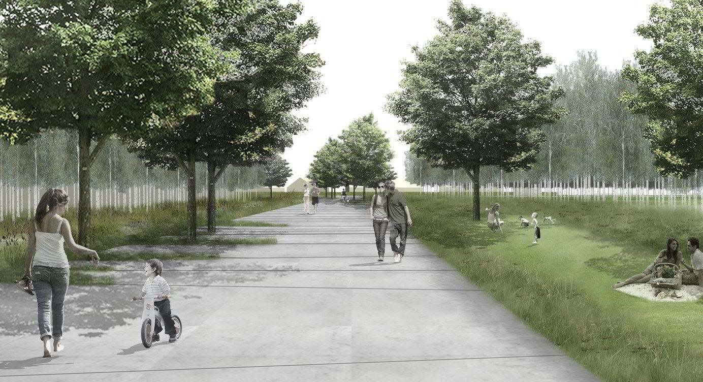 Zicht op de centrale wandelas doorheen Park Groot Schijn