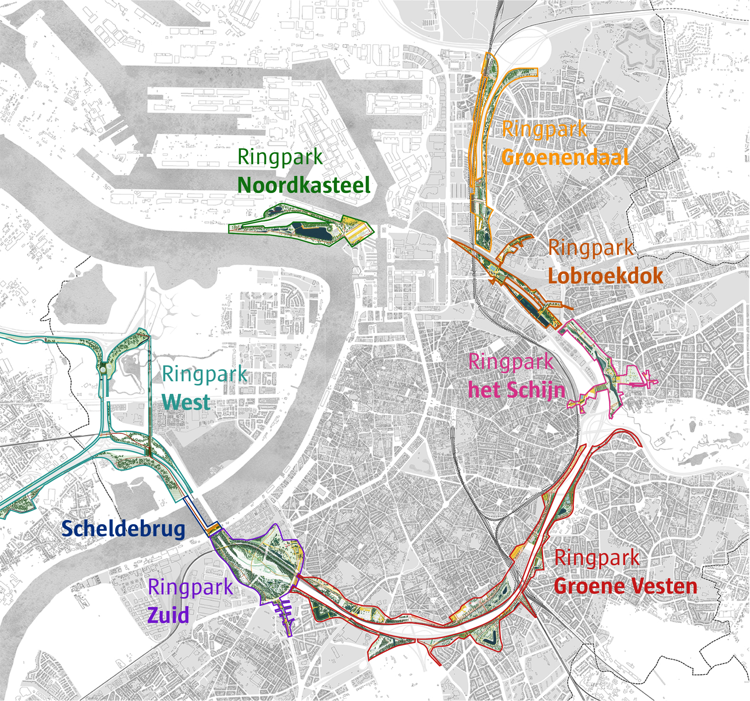 Overzicht van de zeven Ringparken en de Scheldebrug