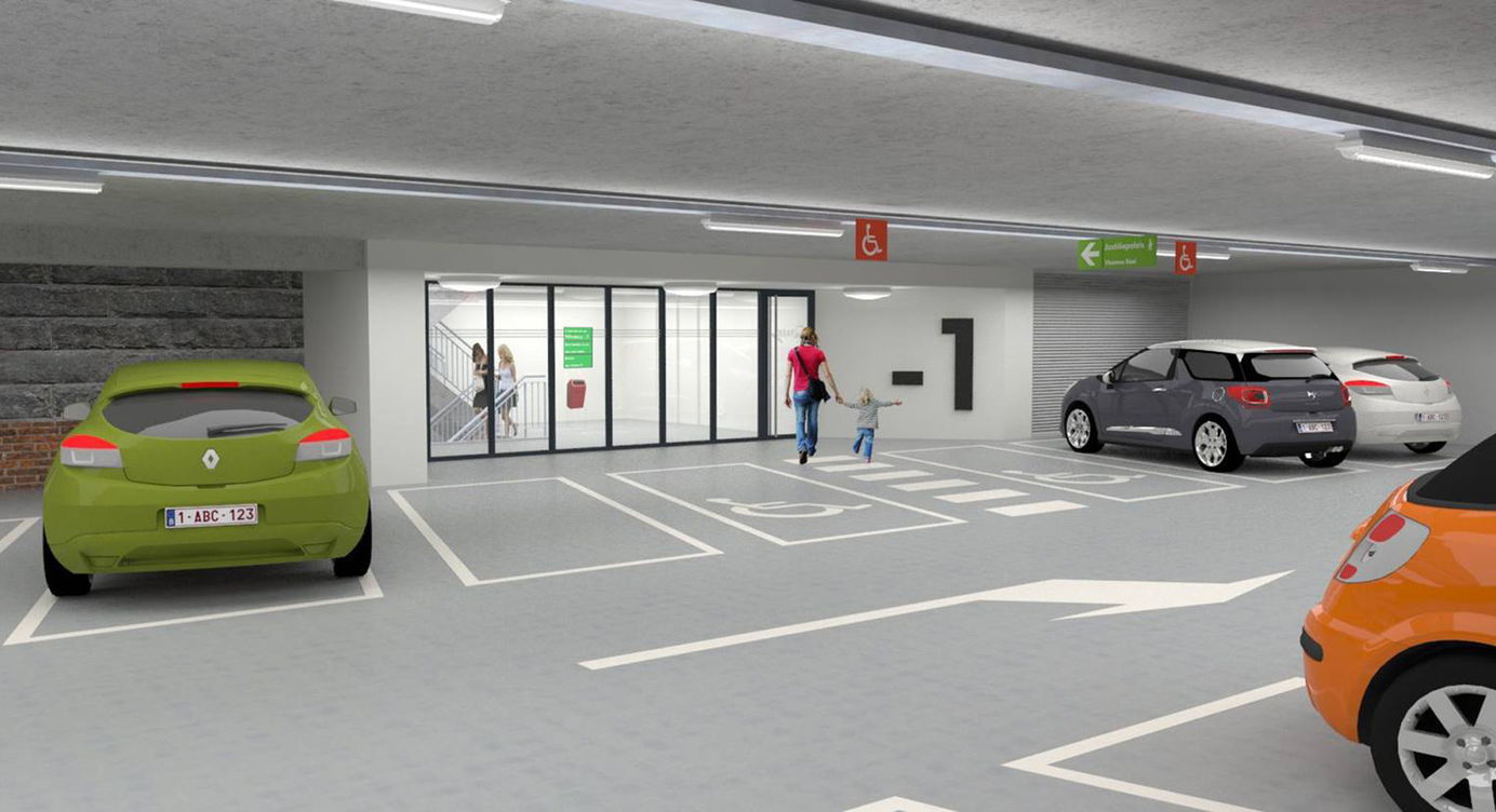 Simulatie van de uitgang voor voetgangers in beide parkings onder de Gedempte Zuiderdokken.