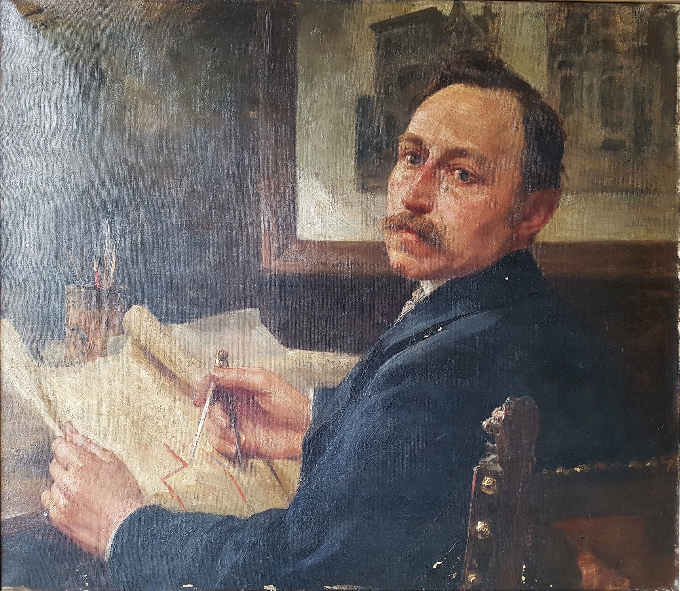 In dit portret van Jules Hofman door Eugeen Yoors werkt Hofman aan één van zijn plannen.