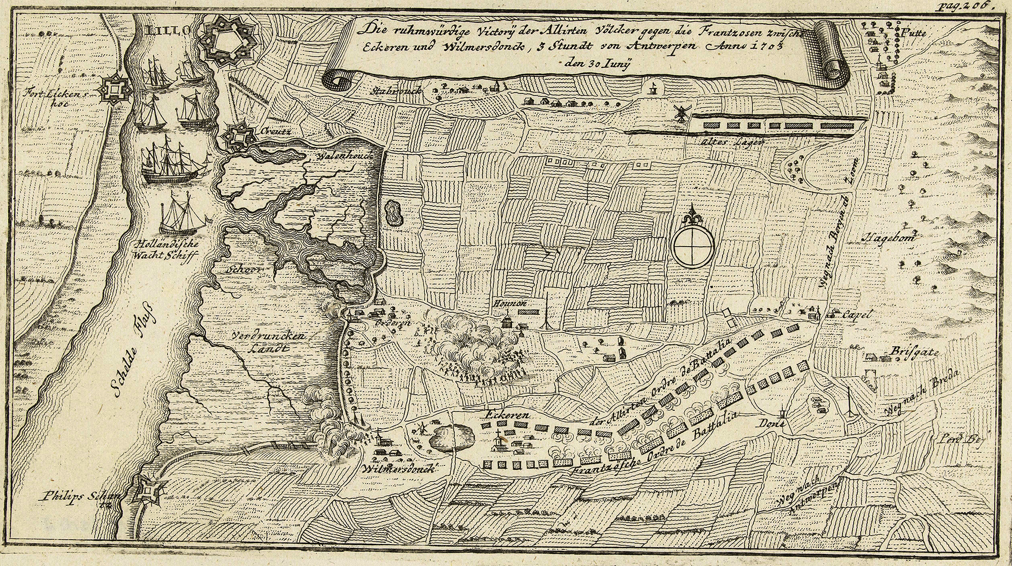 Op de kaart is het strijdgewoel van de Slag bij Ekeren in 1703 te zien. Onder het onderzoeksgebied waren de Franse legers opgesteld. De Nederlandse troepen bevonden zich ten noorden en langs de Schriek.
Mogelijk kunnen sporen en vondsten van de veldslag teruggevonden worden bij gedetailleerd onderzoek in 2024.