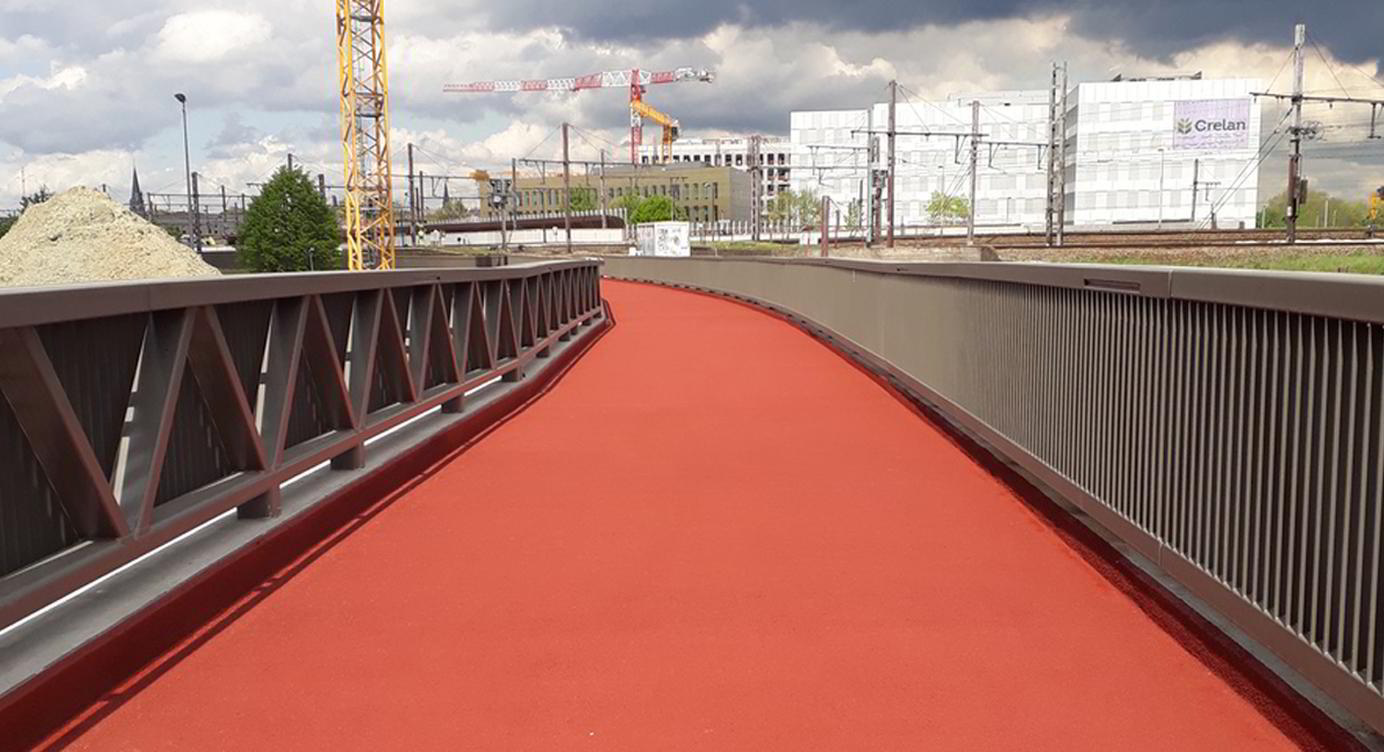 Zicht op de nieuwe fietsbrug vanop de Posthofbrug richting Berchem station.