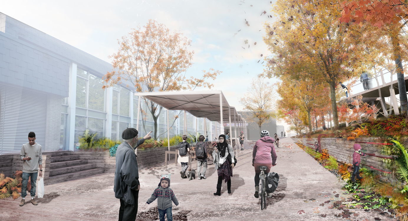 Toekomstbeeld van de zone naast de inkom van het zwembad Plantin Moretus uit het voorontwerp van het Spoorpark