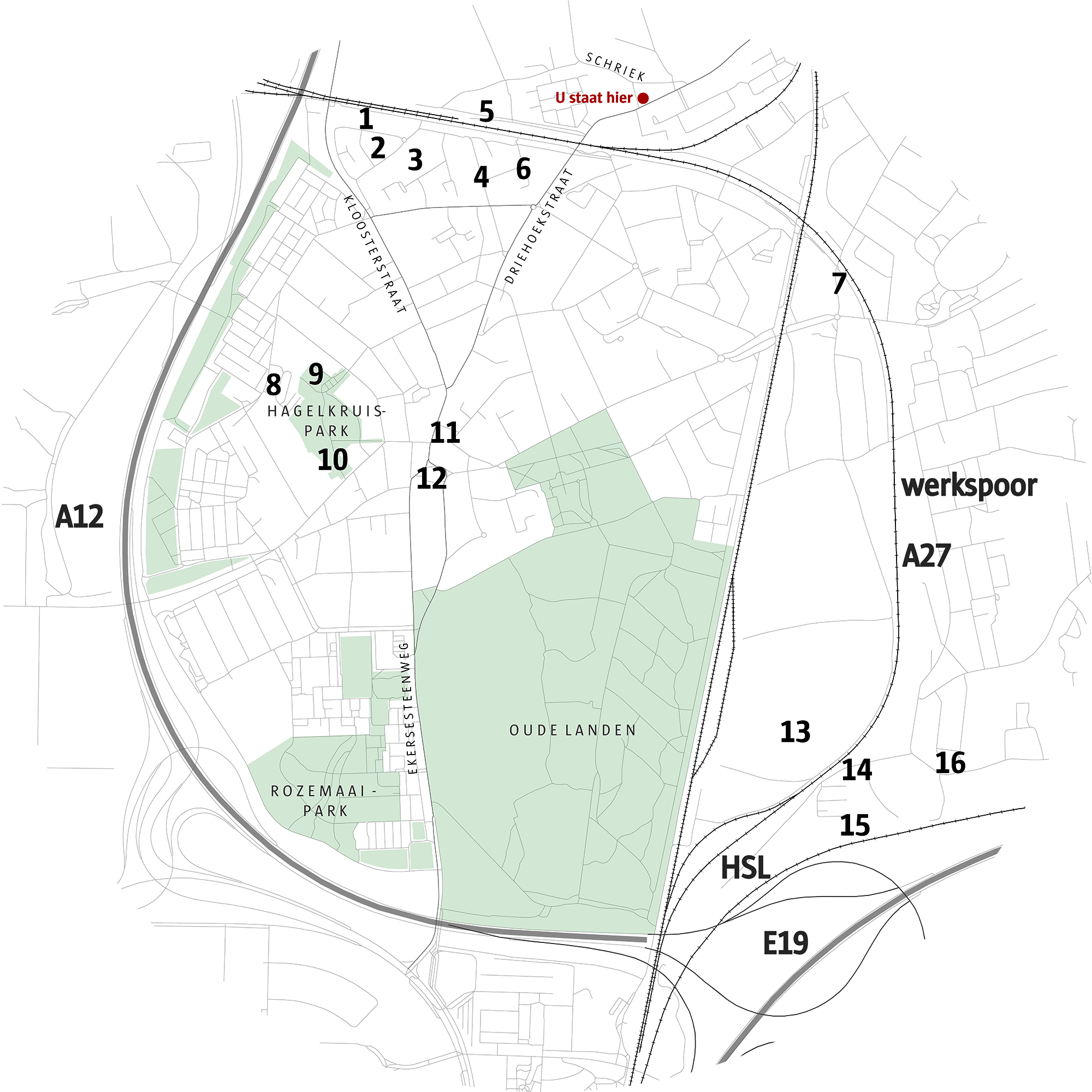 Kaart met archeologische sites in Ekeren.

1. Kouter
2. Wilgehoeve I
3. Wilgehoeve II
4. Bosstraat
5. Schriek
6. Lindersstraat
7. Voormalige hondenschool Kunos
8. Schoonbroek
9. De Schinde
10. Hagelkruispark
11. Kristus-Koningplein
12. Markt
13. Oude Landen
14. Salaadweg
15. Laar 1
16. Laar 2