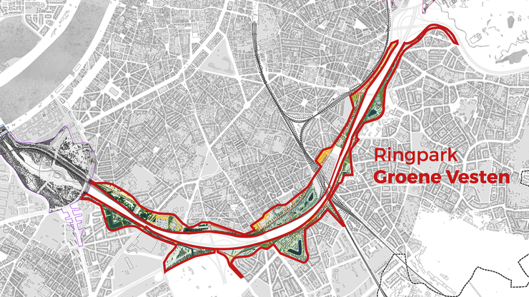 Locatie van het Ringpark Groene Vesten langs de huidige Ring.
