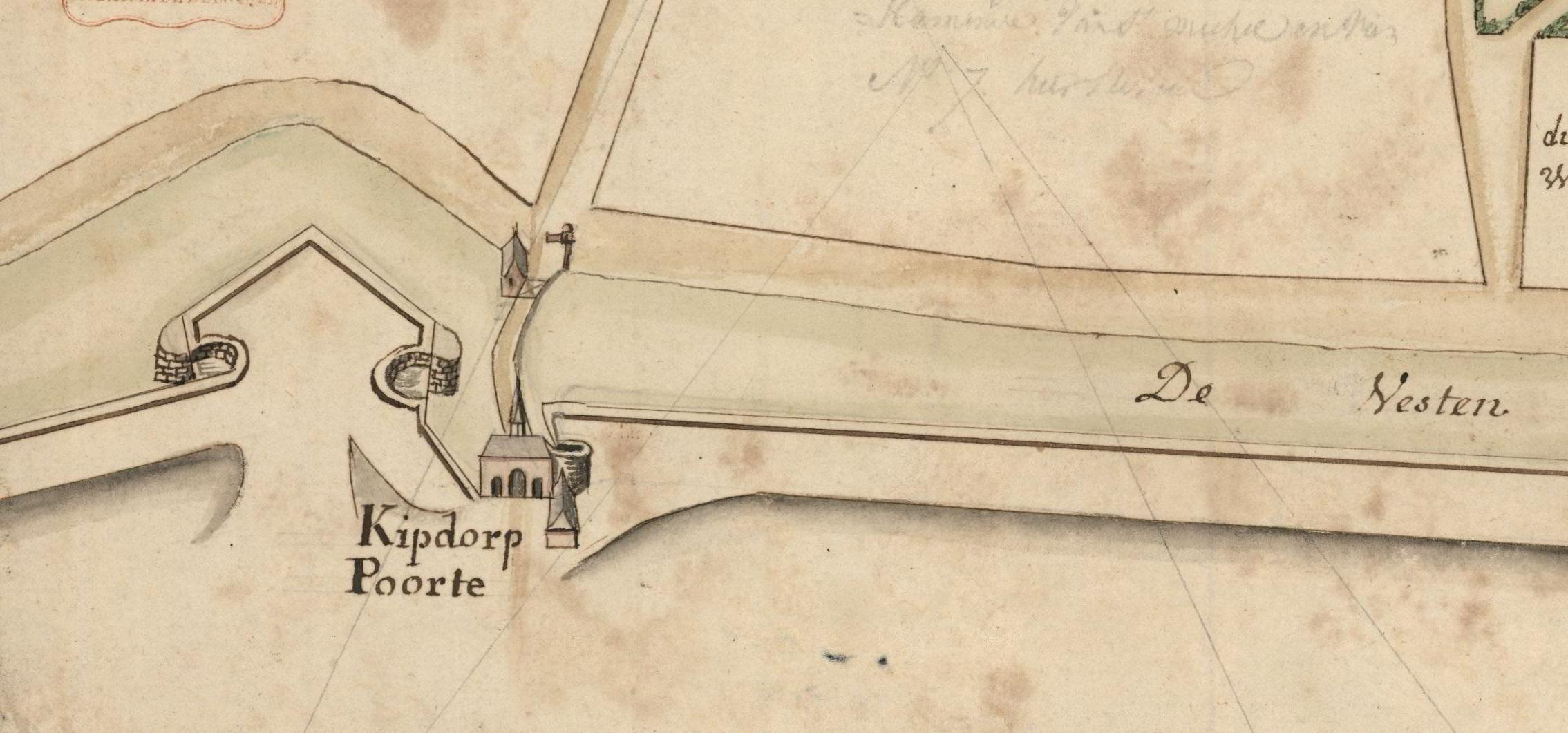 De ‘Kipdorp Poorte’ op een landmeterskaart uit 1732.