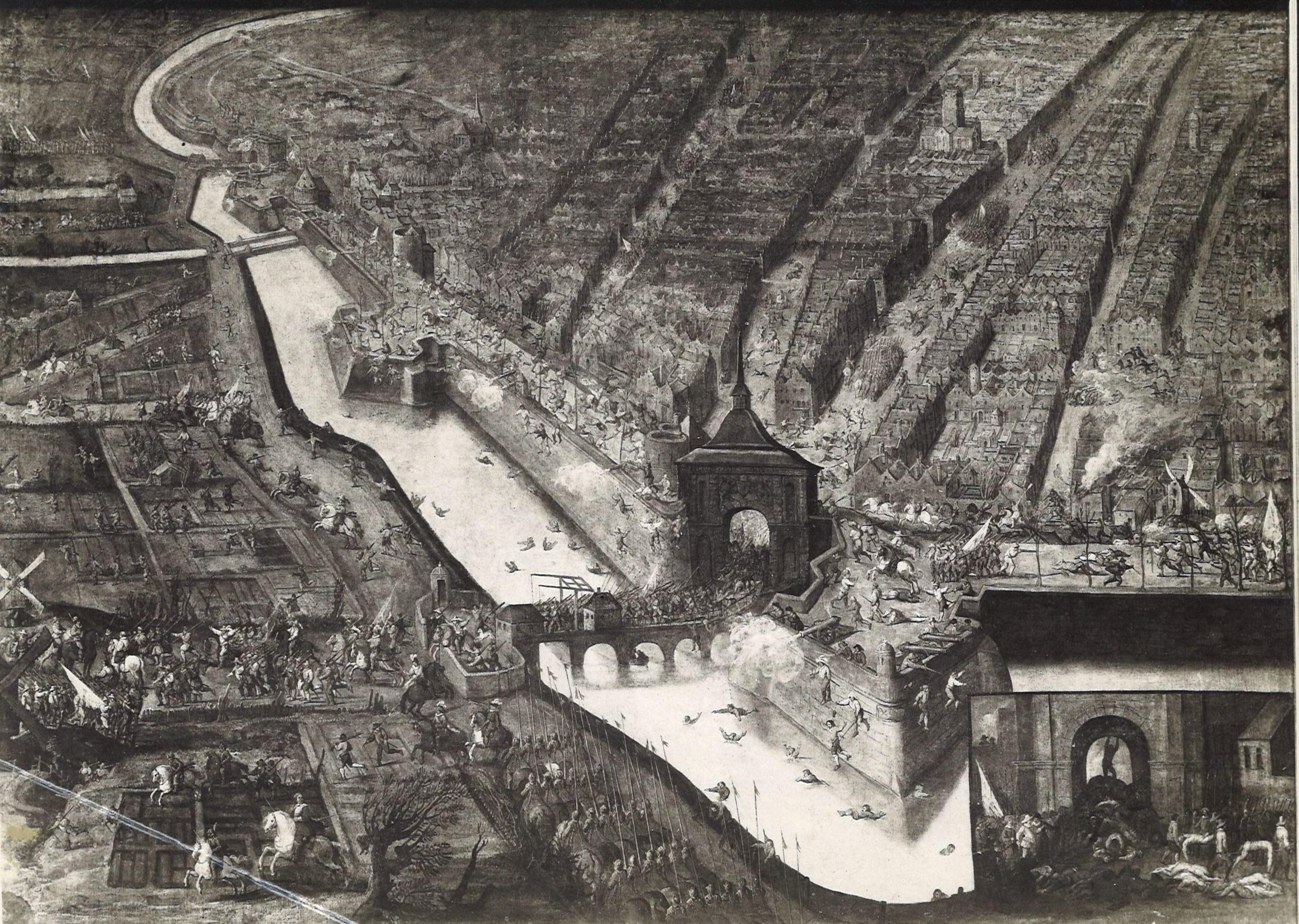 De Franse Furie op een schilderij van Antoine Sallaert, met centraal de strijd op de Kipdorpbrug