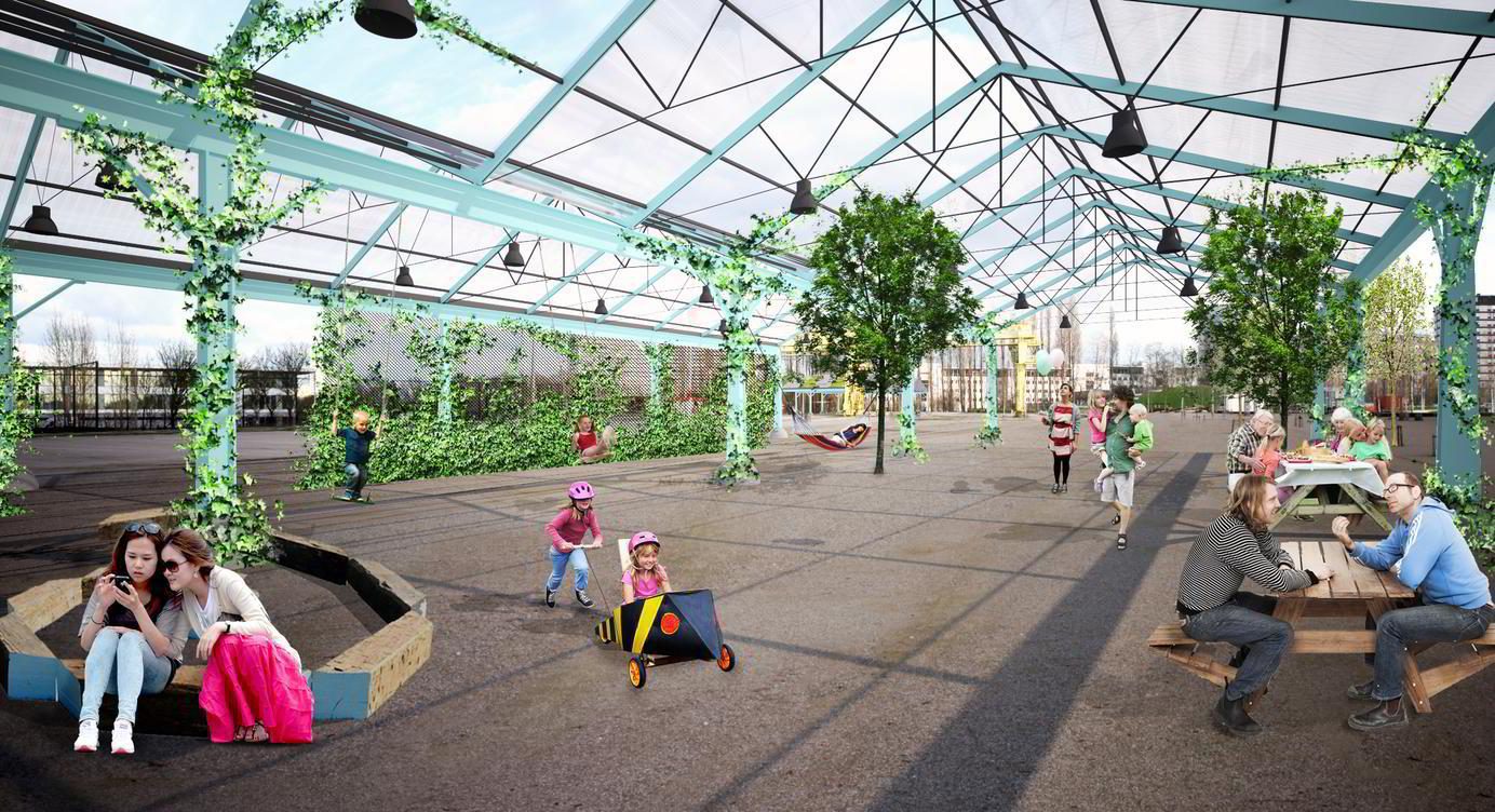 Toekomstbeeld interieur hangar aan Bahnhof op Spoor Oost