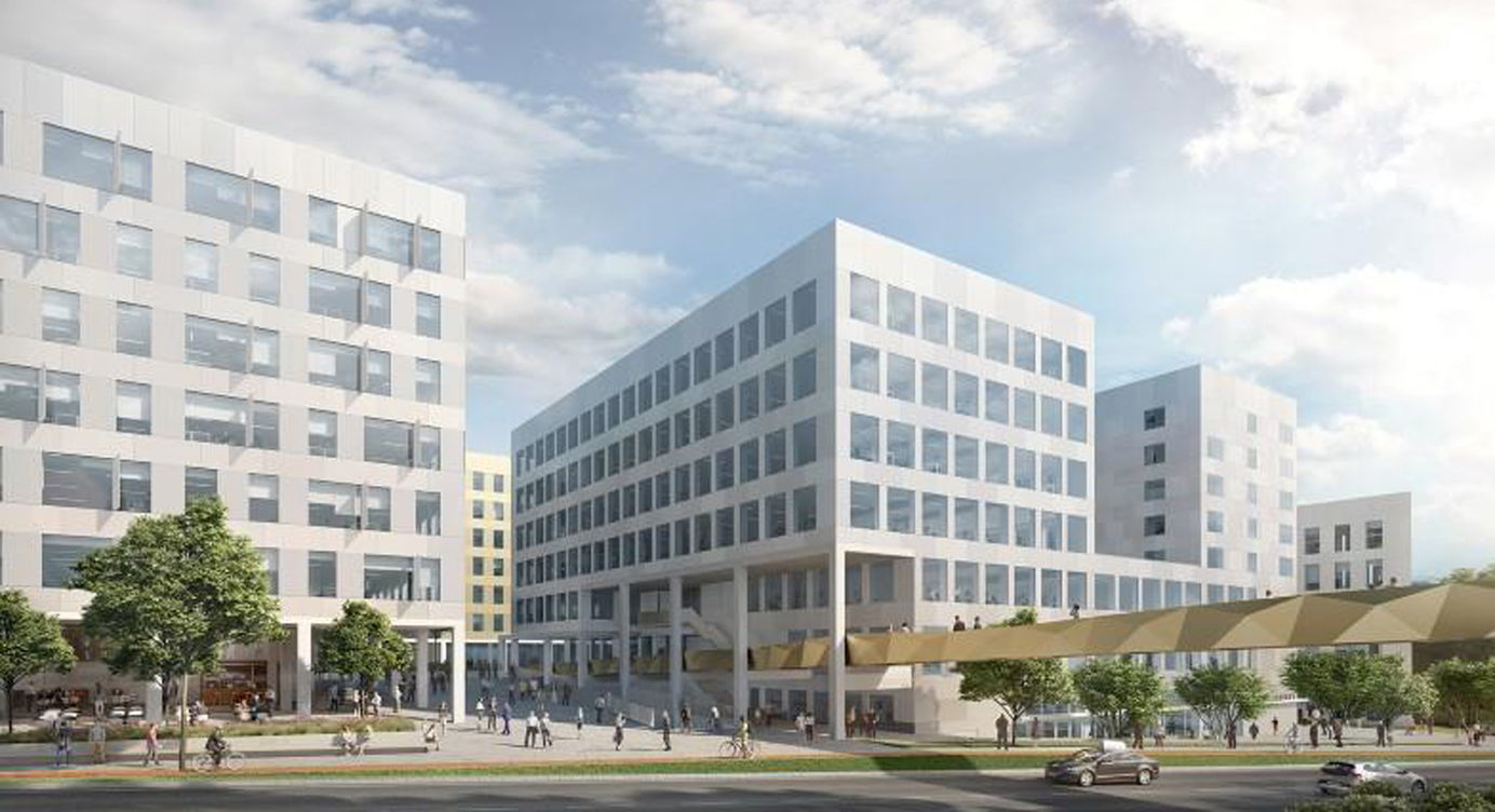 Zicht op de nieuwe voetgangersbrug die Post X verbindt met het station Antwerpen-Berchem.