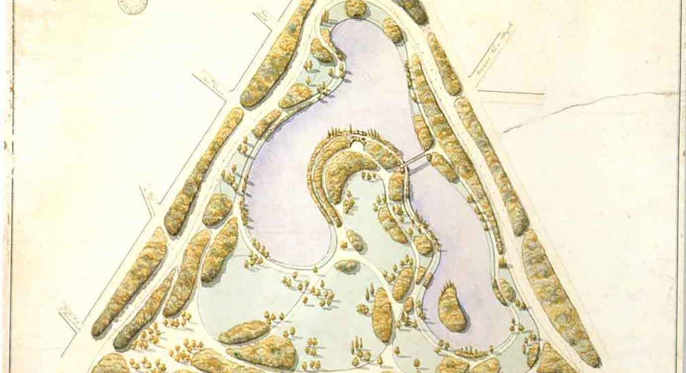 Ontwerp van het Stadspark in 1863.