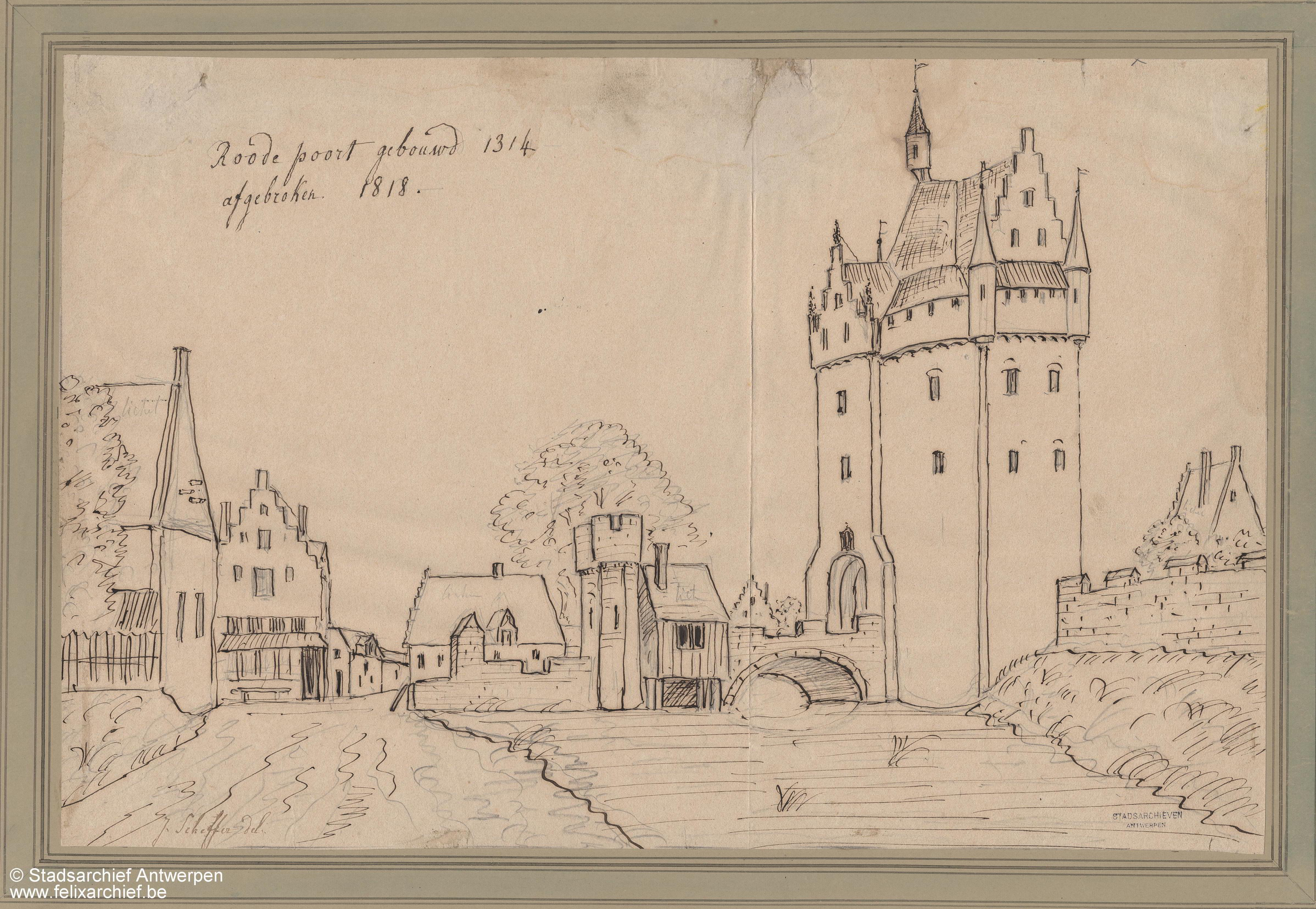 De eerste Rode poort op een 19de-eeuwse schets van J.Scheffer.