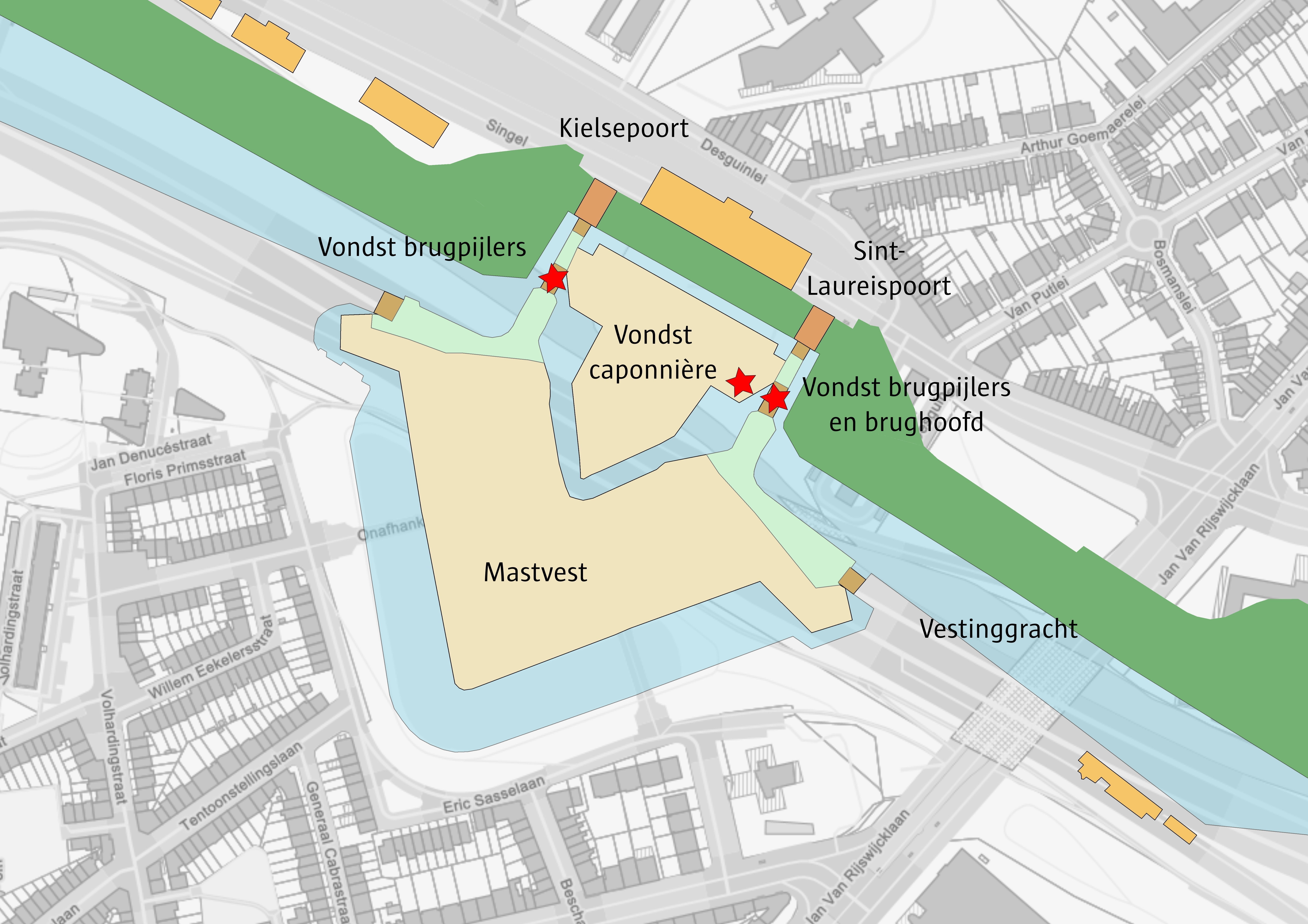 Projectie Kielsepoort en Sint-Laureispoort op stadsplan. De dubbele ...
