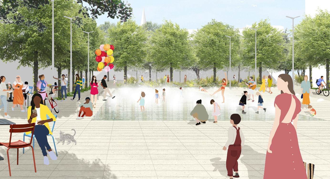 Een sfeerbeeld van het Lobroekplein uit het conceptontwerp van de publieke ruimte in de Slachthuiswijk