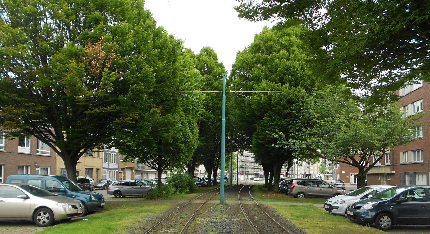 Zicht op de tramlijnen van de Boekenberglei (voor de herinrichting)