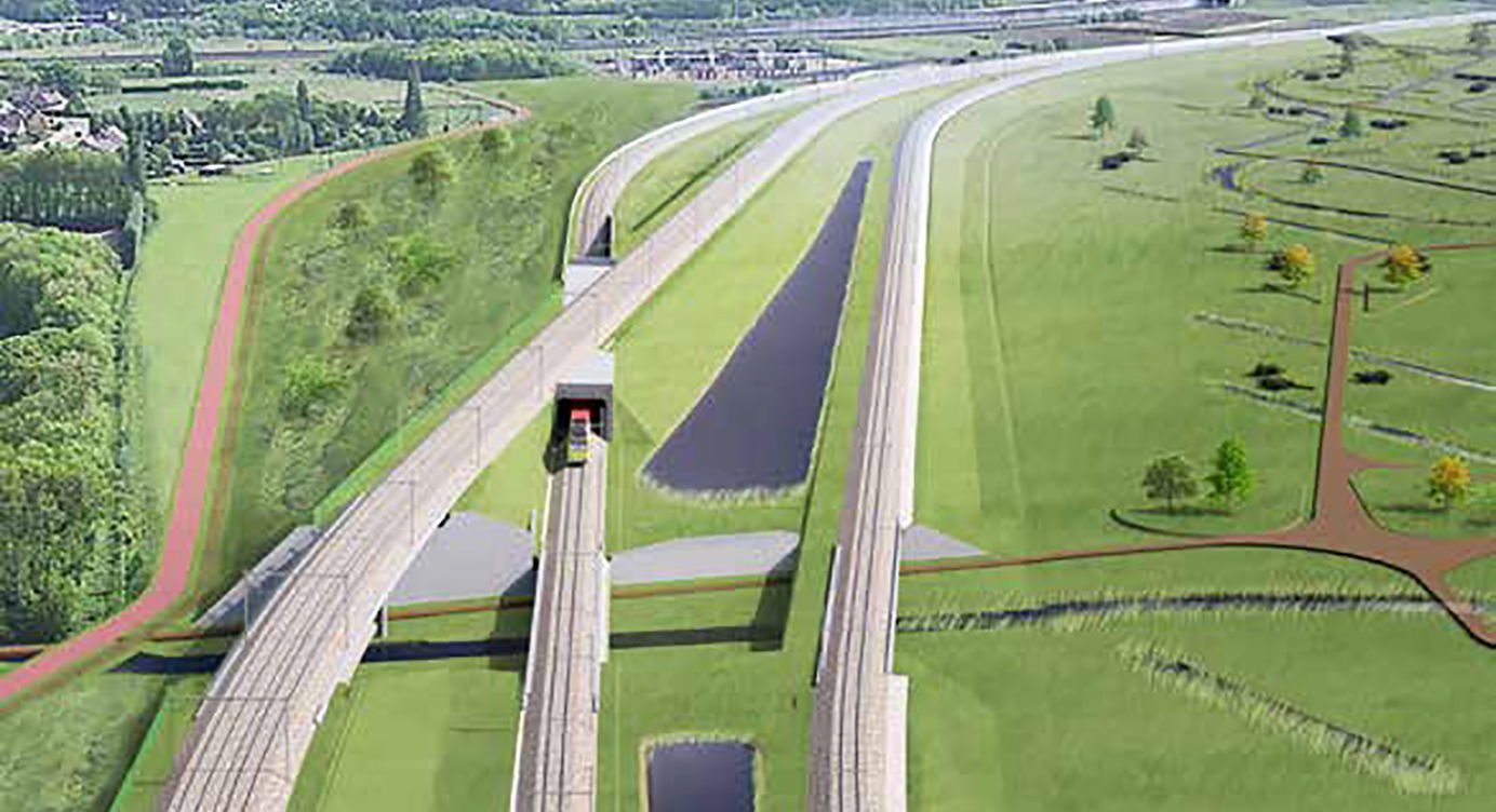 Toekomstbeeld van de nieuwe ongelijksvloerse spoorkruising aan de Oude Landen te Ekeren.